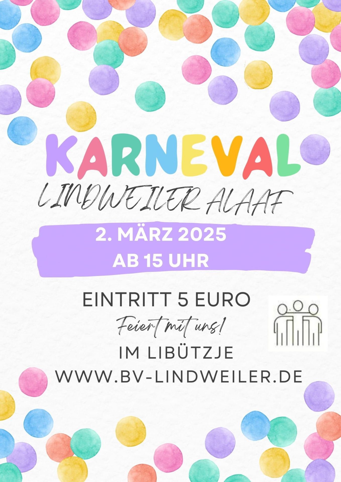 Karneval Lindweiler Alaaf 2025, buntes Plakat mit Konfetti, Datum und Eintritt.