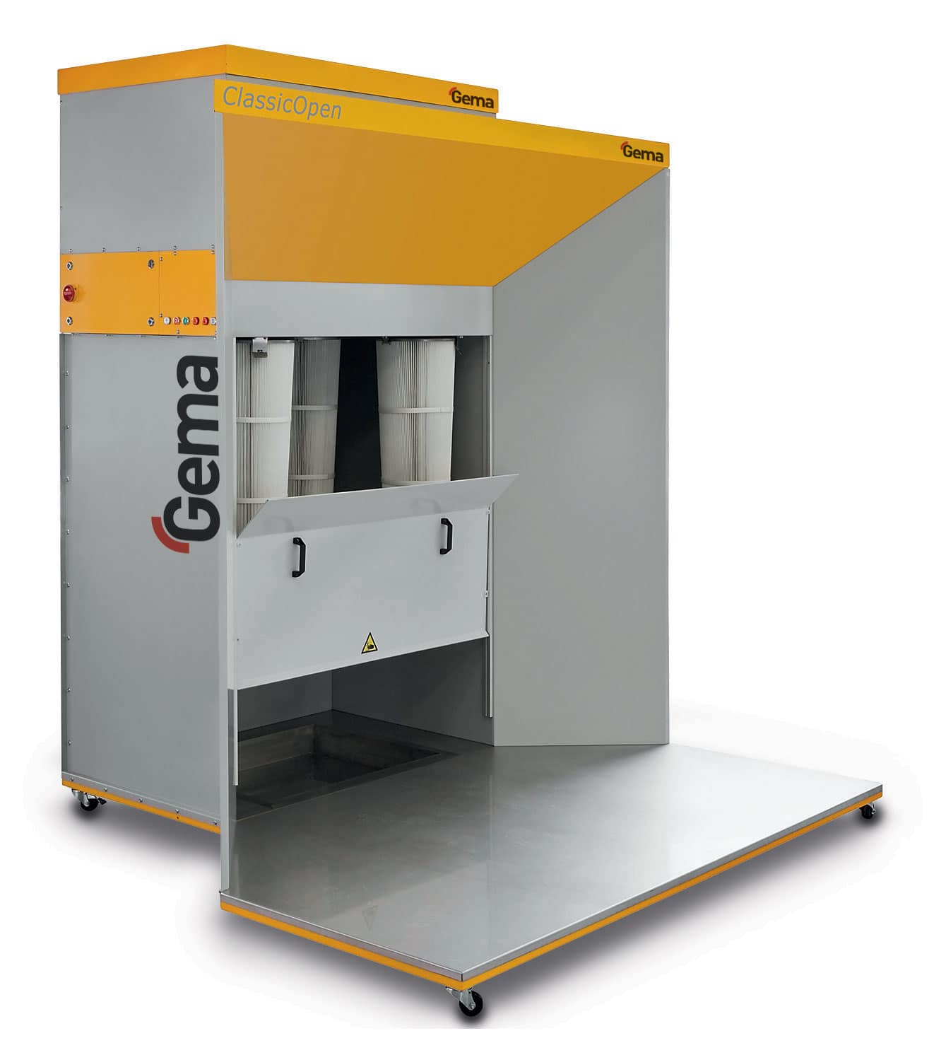 Cabine manuelle de poudrage à positionner en parallèle de rails d'accroche de pièces