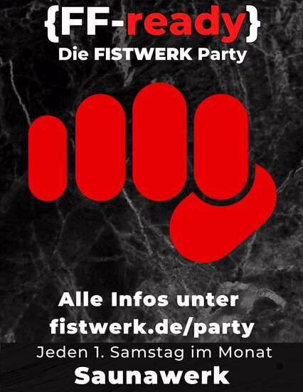 Schwarzer Flyer mit rotem Fist-Symbol für die FISTWERK Party im Saunawerk in Frankfurt.