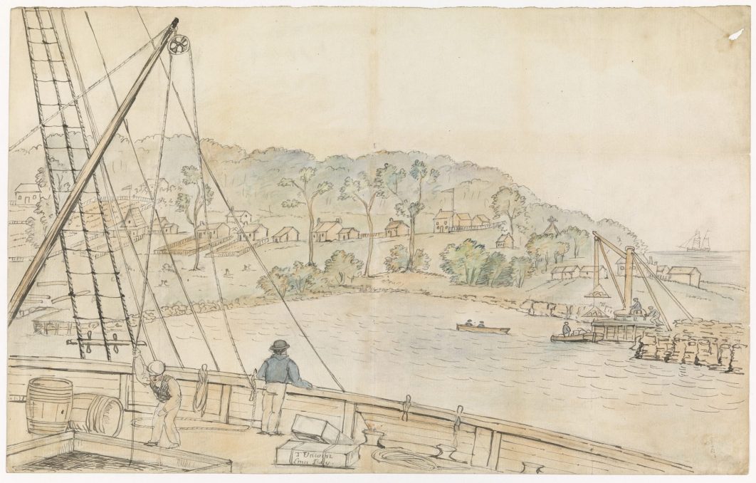 A drawing of the view of a shoreline as seen from a ship.
