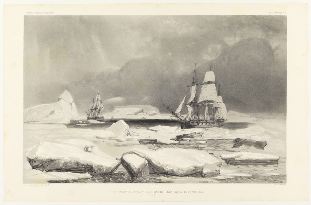 A drawing of 2 ships on water amongst the ice.