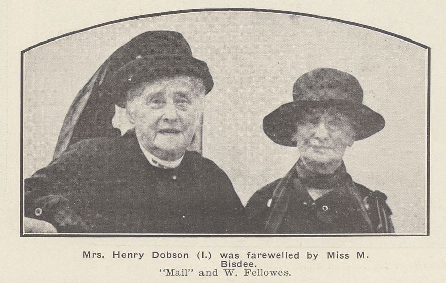 An excerpt form a newspaper. A old photo of 2 women at a funeral. Text at the bottom reads: "Mrs. Henry Dobson (I.) was farewelled by Miss M. Bisdee. "Mail" and W.Fellows."