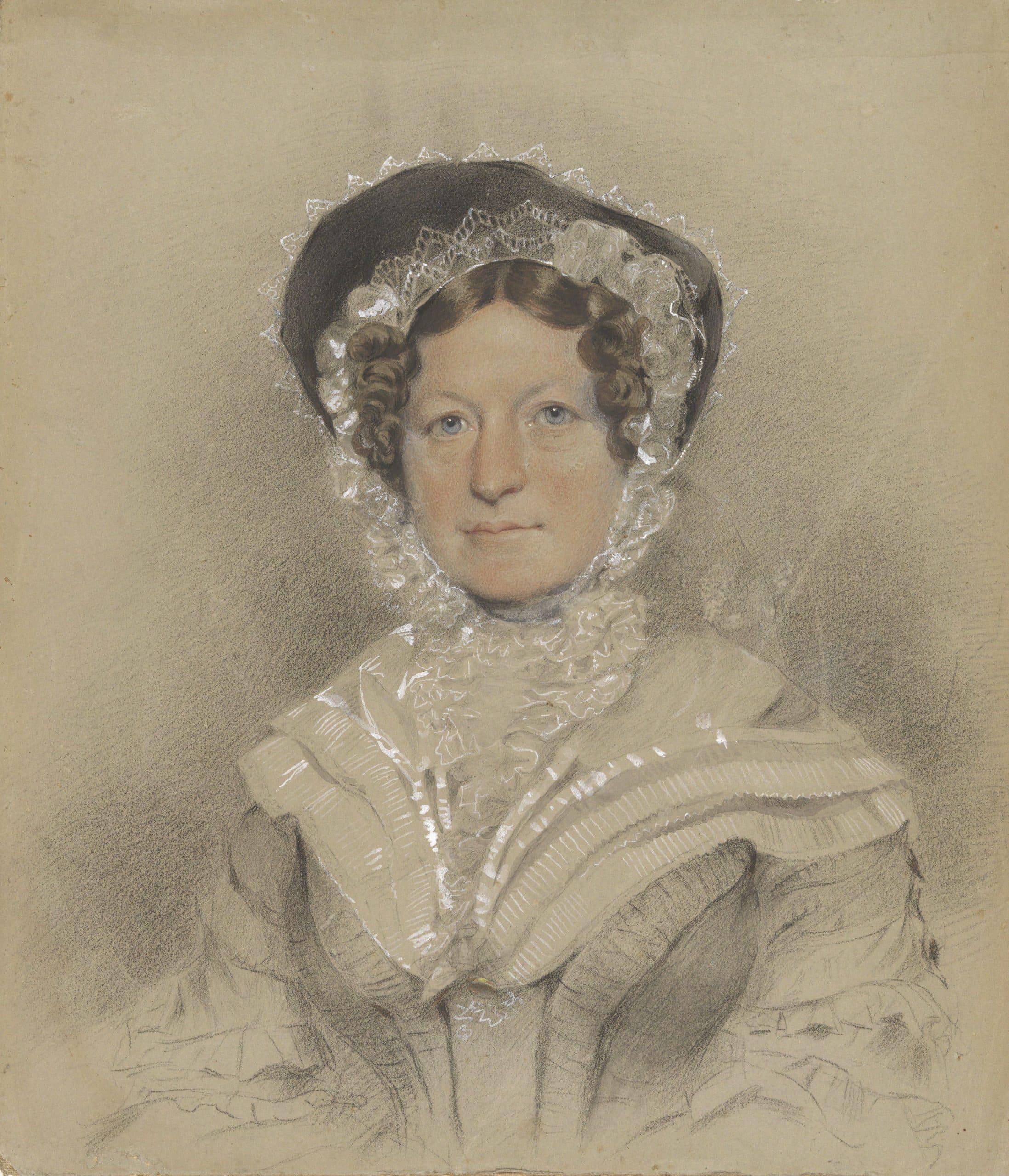 A painting of a woman in a black bonnet. Possible Mrs. Georgina Butler.