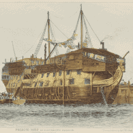 Coloured print of prison ship in Portsmouth Harbour, convicts going aboard, Edward William Cooke, 1828, Rex Nan Kivell Collection, NLA: an9058453