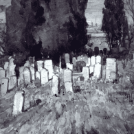 Grayscale painting of graves in St David's Park Hobart