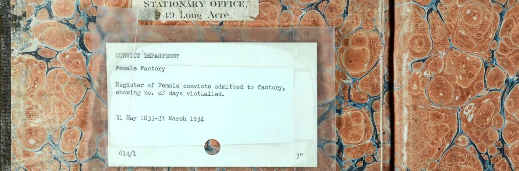 Inside front cover of a book with orange and blue marbled endpapers. Label taped inside reads Convict Department. Female Factory. Register of Female convicts admitted to factory showing no. of days victualled. 31 May 1833-31 March 1834.