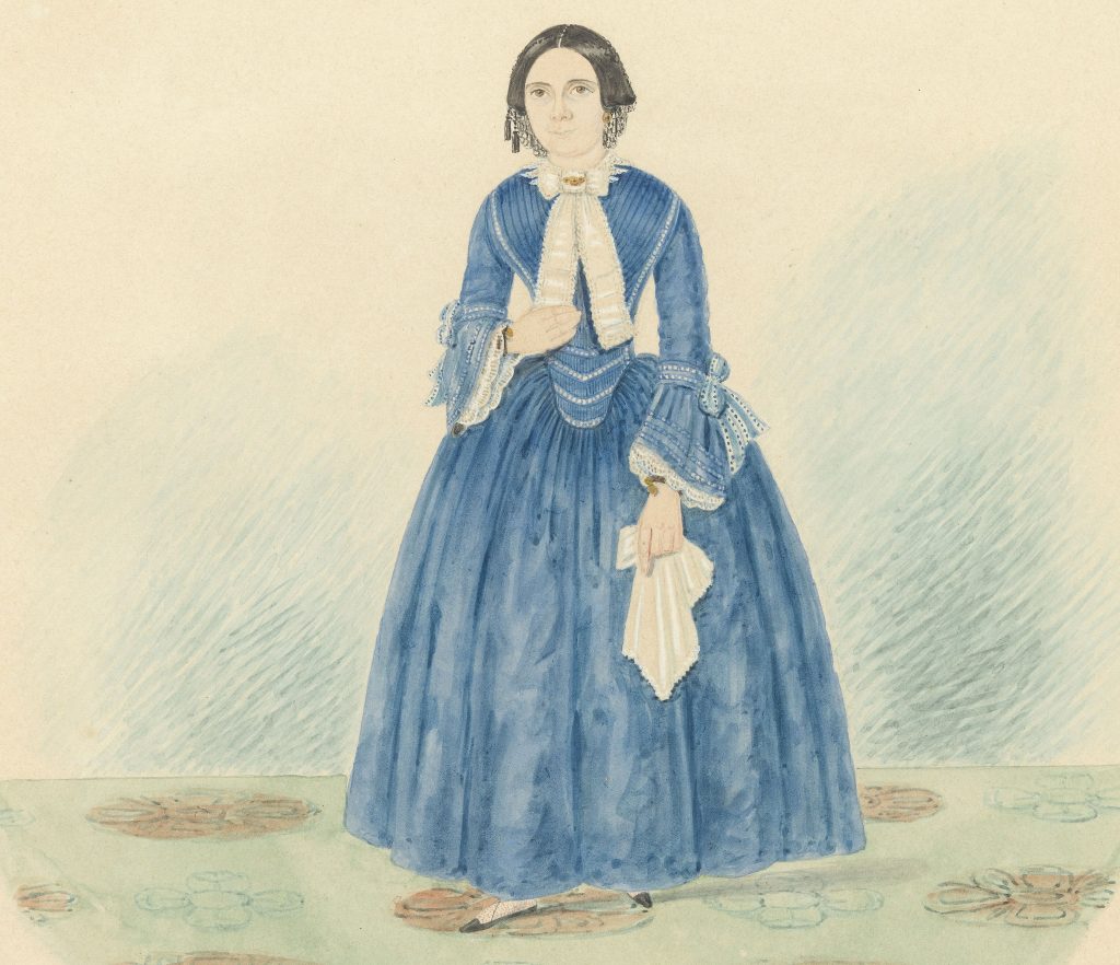 A full length portrait of a woman standing in an ankle length blue dress.