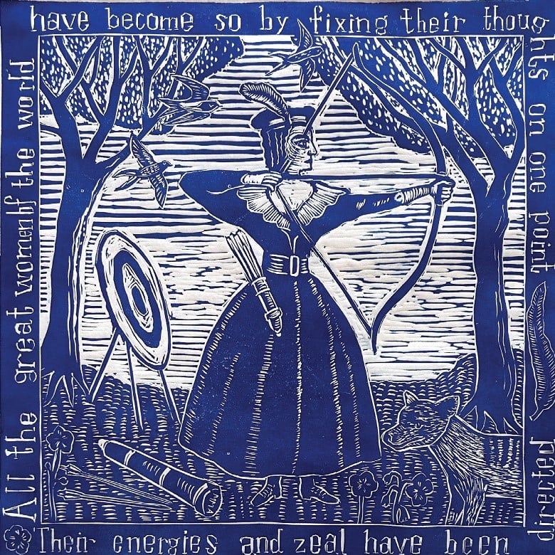 A promotional image for the "Voices from the Rivers and Rocks" exhibition. A person in a dress has a bow drawn. Border Text reads: "All the great women of the world have become so by fixing their thoughts on one point. Their energies and zeal have been directed" Image source: Gaby Falconer: Fixing their thoughts on one point. — quote, Mary Morton Allport 1853