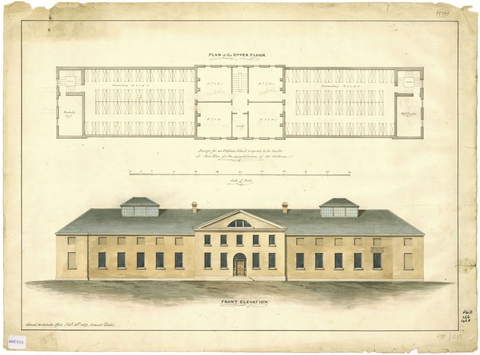 Drawing and floorplan for New Town Orphan School