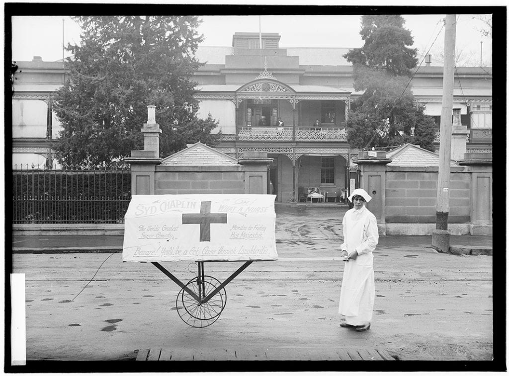 Photograph - General Hospital Hobart, entrance Liverpool Street [advertising sign for movie "Oh What a Nurse' - Aug 1927] [glass plate]