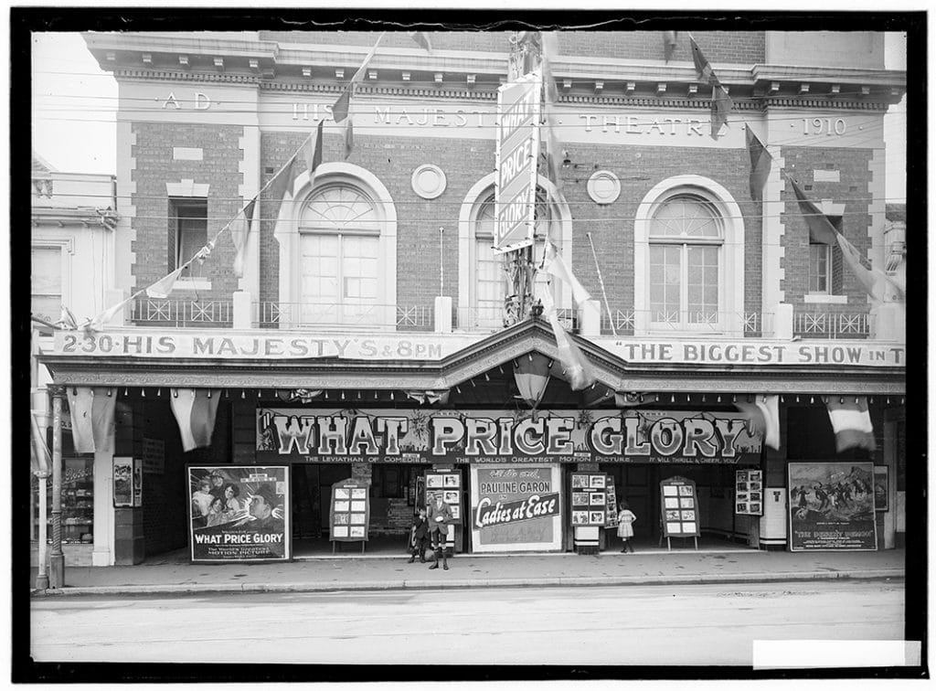 Photograph - His Majesty's Theatre, Hobart (built 1910) - front [March 1928, movie 'What Price Glory' screening] [glass plate]