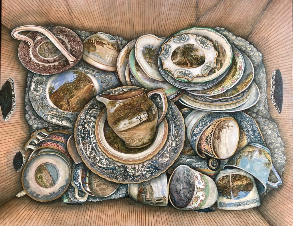 a detailed painting of crockery in a box