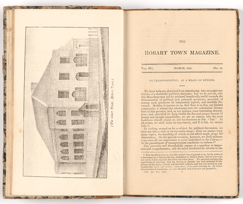 An open book with the left page featuring an illustration of a building labeled "The Court House, Hobart Town." The right page is the title page of "THE HOBART TOWN MAGAZINE," Vol. III, March 1834, No. 13, and begins with a section titled "ON TRANSPORTATION AS A MEANS OF REFORM." The text discusses the failures of the transportation system in reforming convicts, highlighting issues such as the lack of proper classification and separation of prisoners, insufficient employment, and inadequate enforcement of rewards and punishments.