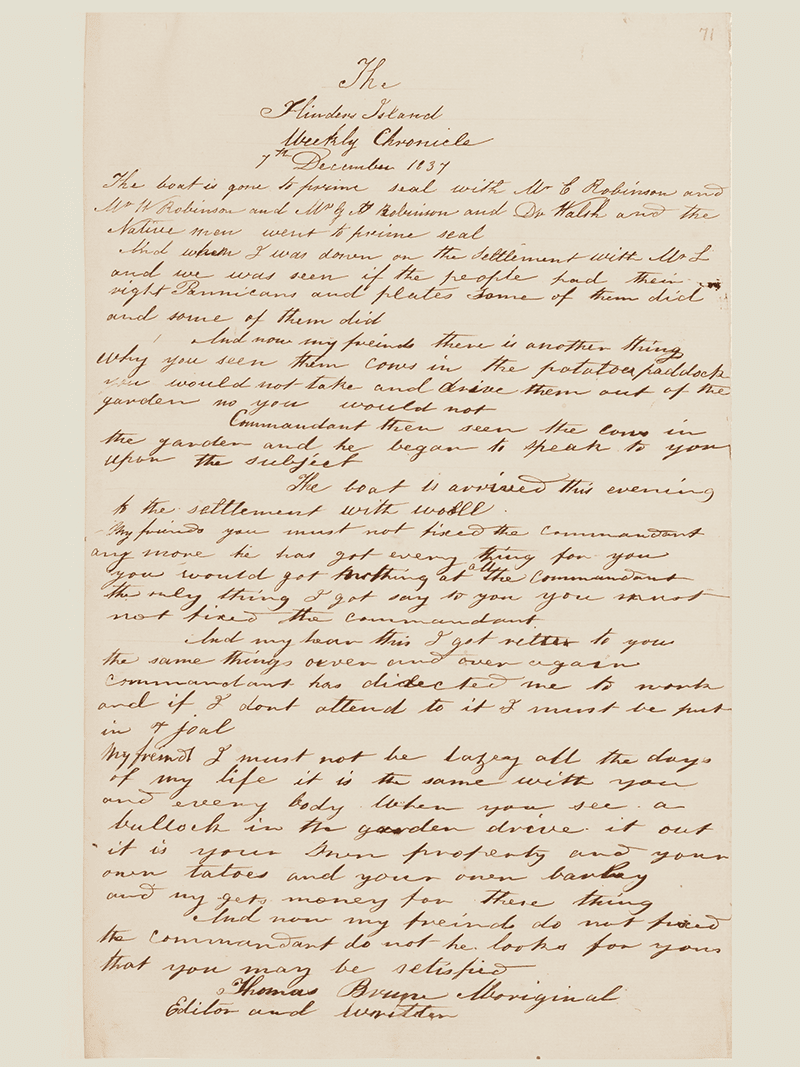 Front page of "The Flinders Island Weekly Chronicle" dated 7th December 1837