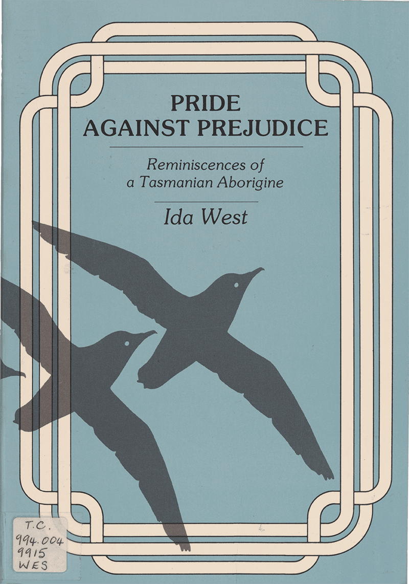 Cover of Pride Against Prejudice: Reminiscences of a Tasmanian Aborigine. The background is light blue with a white decorative border. There are silhouettes of two birds in flight.