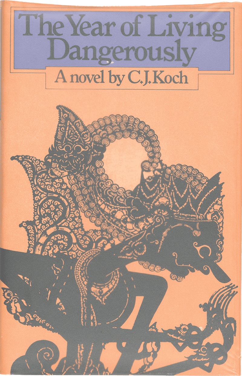 Cover of Christopher Koch’s novel Year of living dangerously, 1978. Abstract image of a thin black figure in ceremonial attire