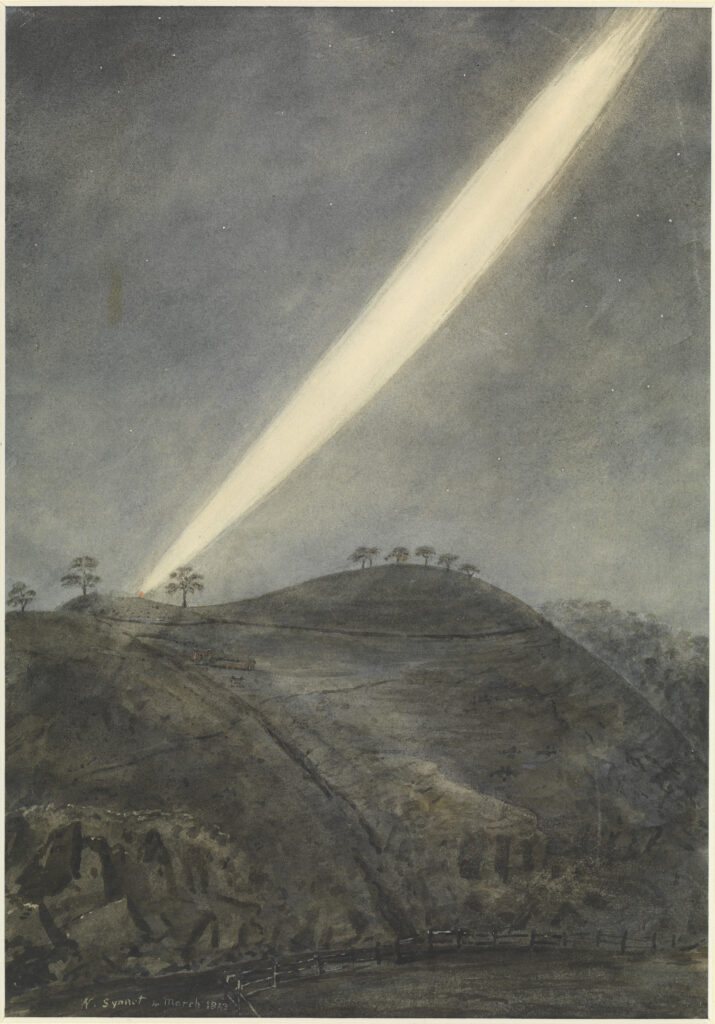 Watercolour painting of a comet shooting across a dark sky and down behind a hilly horizon
