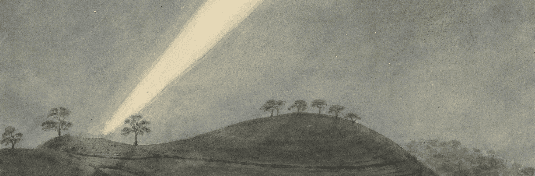 Watercolour painting of a comet blazing across a night sky with rolling hills in the foreground