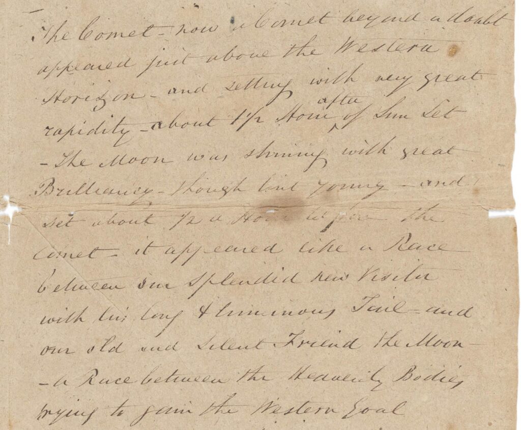 image of George Hull's  handwritten diary entry for March 6 1843 about seeing the comet