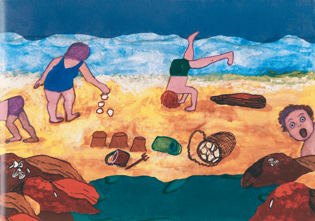 A colourful painting of four people enjoying the beach. 