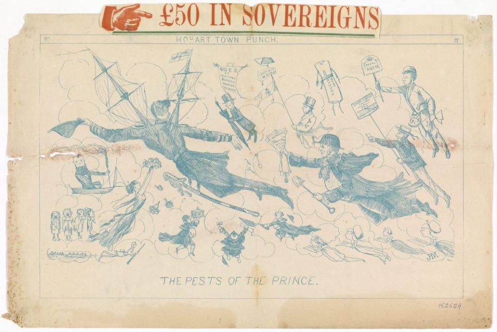 A drawing of people flying through clouds. some are holding signs.