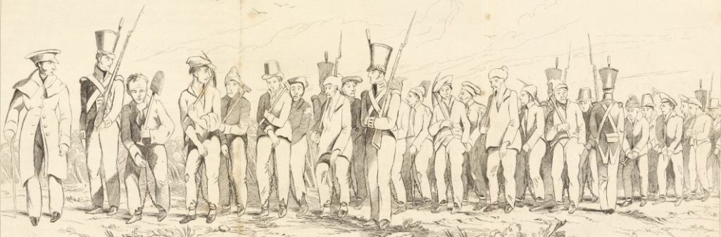 A drawing of workers with tools being escorted by colonial soldiers.