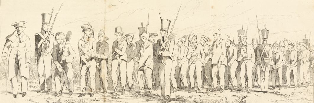 A drawing of workers with tools being escorted by colonial soldiers.