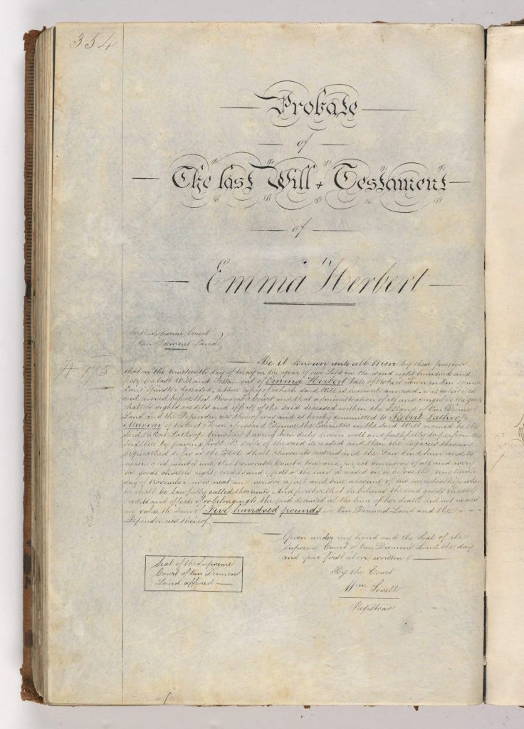 A page from a book of old wills. The title reads: "probate of the last will and testament of Emma Herbert"