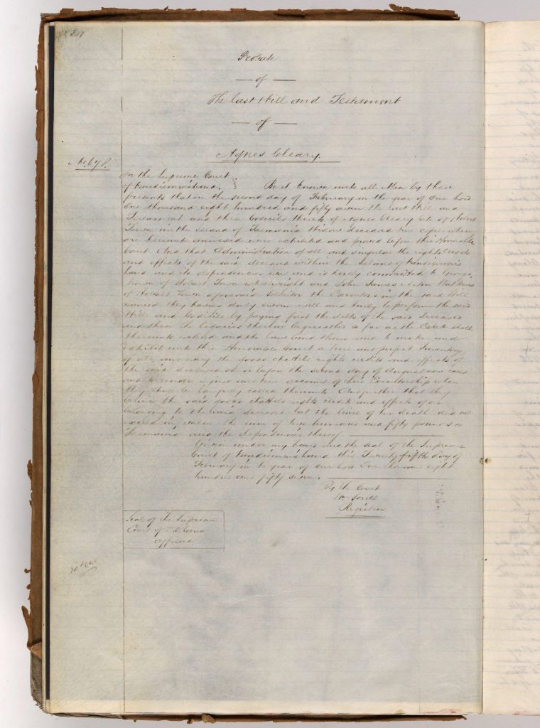 A page from an old will. The title reads: "The last will and testament of Agnes Cleary" Further text is illegible.