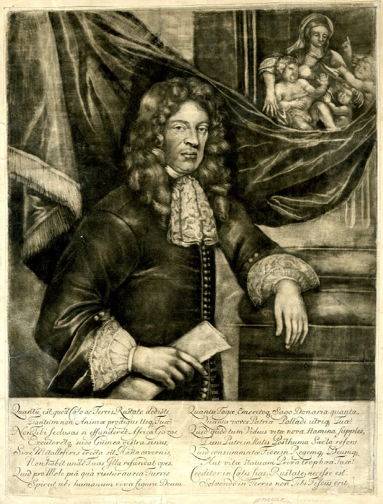 A drawing of a man leaning against a table