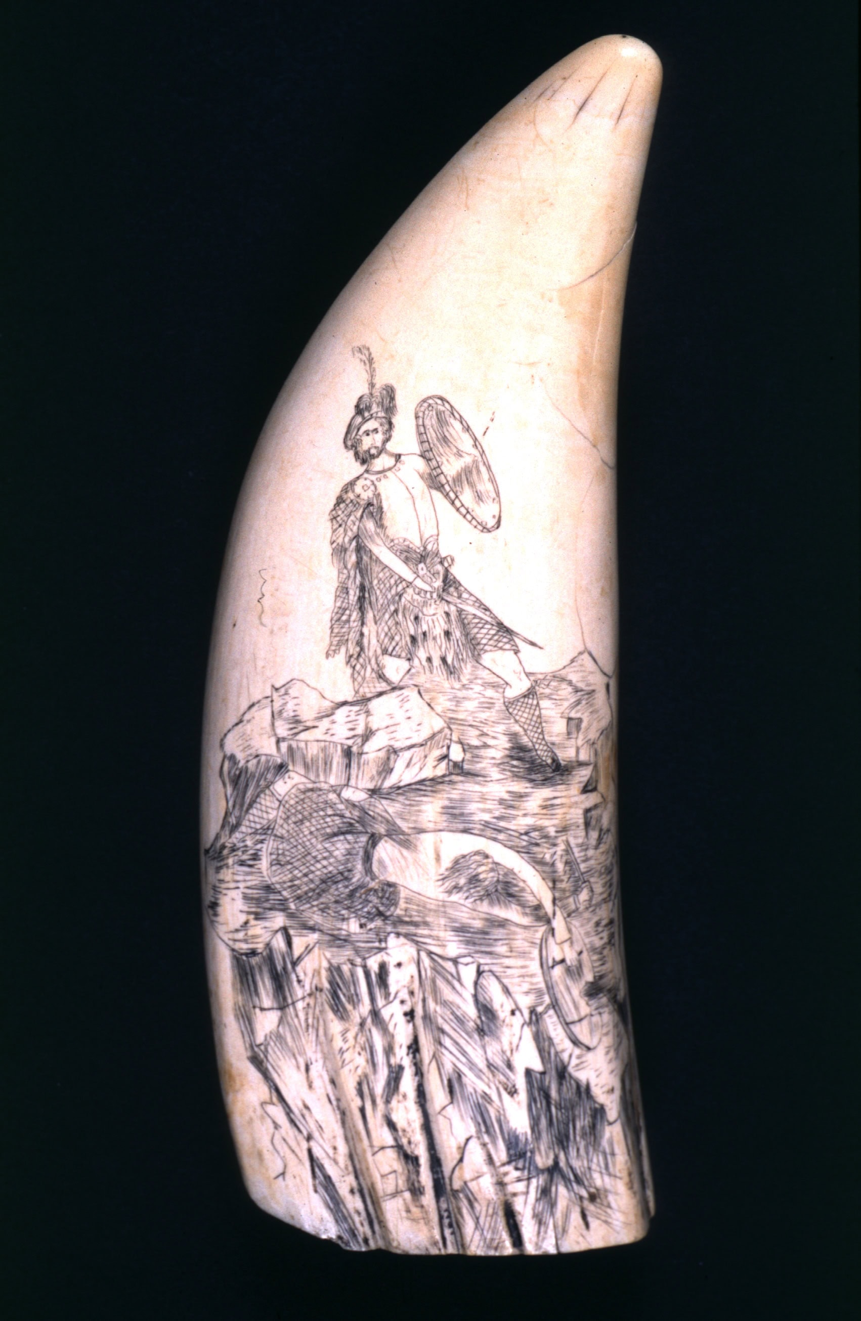 A photo of a sperm whale tooth painted. shows a highlander and victim atop a crag