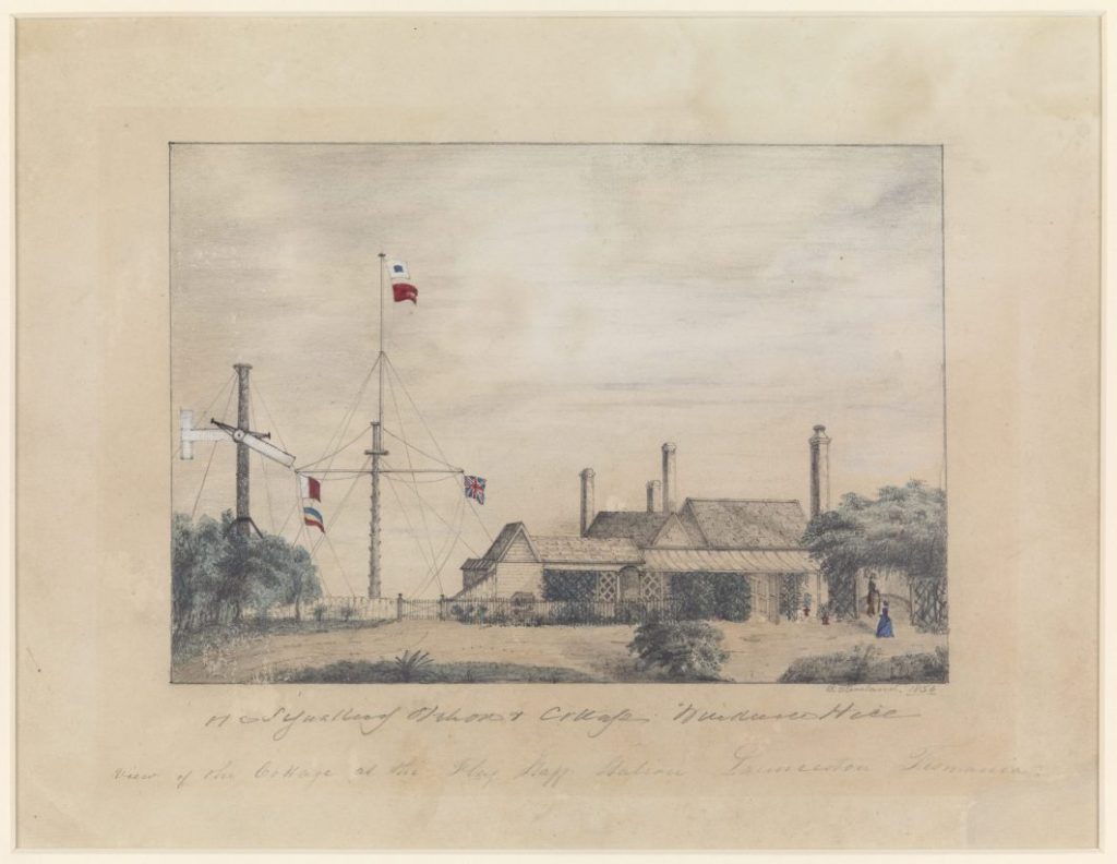 View of a cottage. there is a flag pole next to the cottage with serveral flags on it