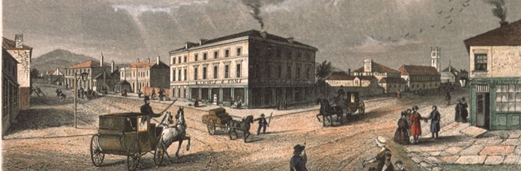 A painting of 3 horse and carriage at a dirt road intersection in a town