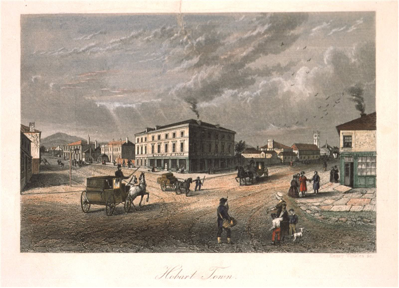 A painting of 3 horse and carriage at a dirt road intersection in a town. Grey clouds in the sky