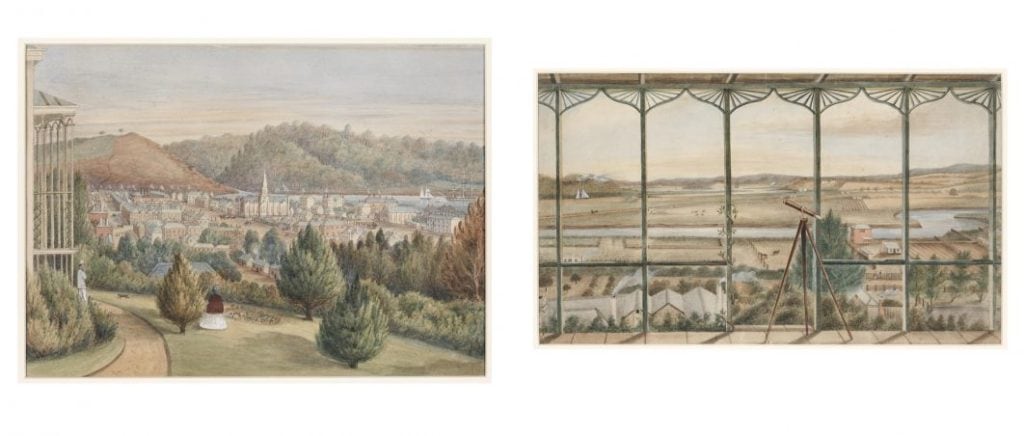 2 photo's one of a garden area overlooking a city. and another overlooking farmland and a river with a telescope in the foreground