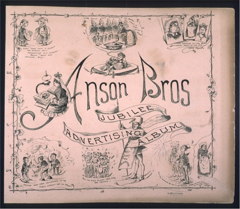 A picture of an advertising album. Text in the middle reads "Ansons Bros. Jubilee advertising album"