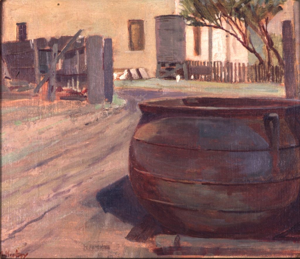 An old painting of a cauldron aide a dirt road