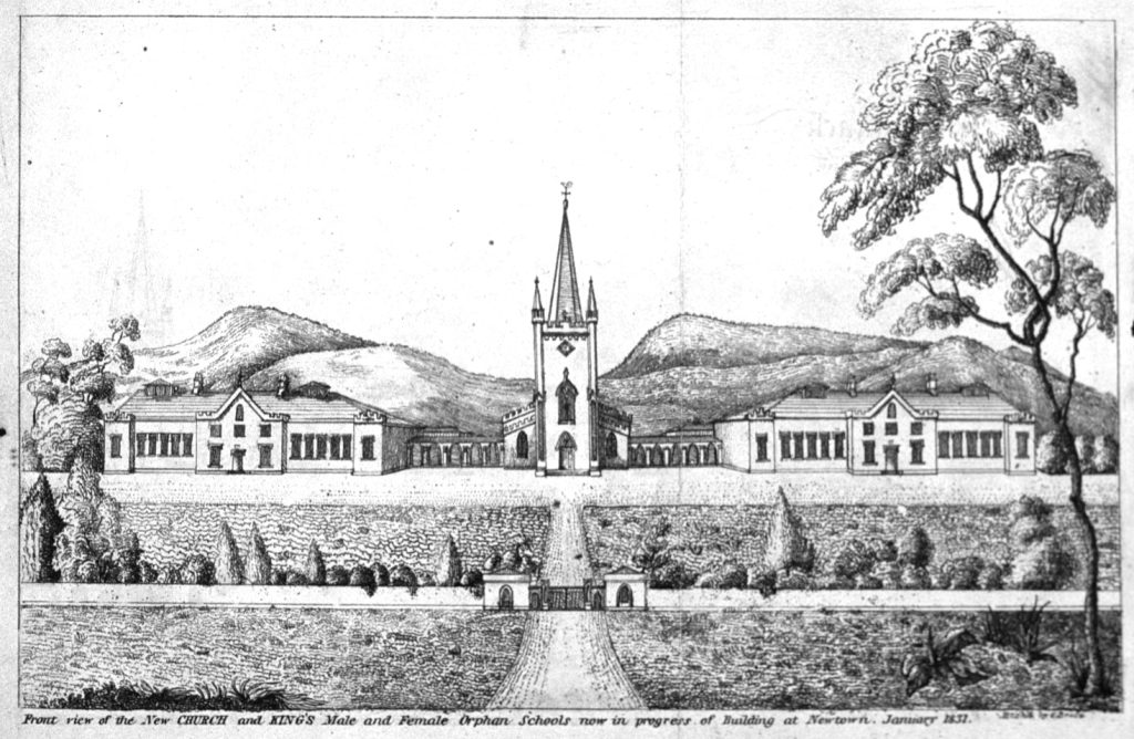 An etching of the gront view of the New Church and King’s Male and Female Orphan Schools now in progress of building at New Town, January 1831. etch’d by C. Bruce.