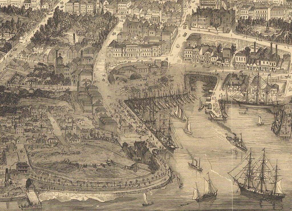 A drawing of an aerial view of Hobart. many streets and houses with many ships at the pier.