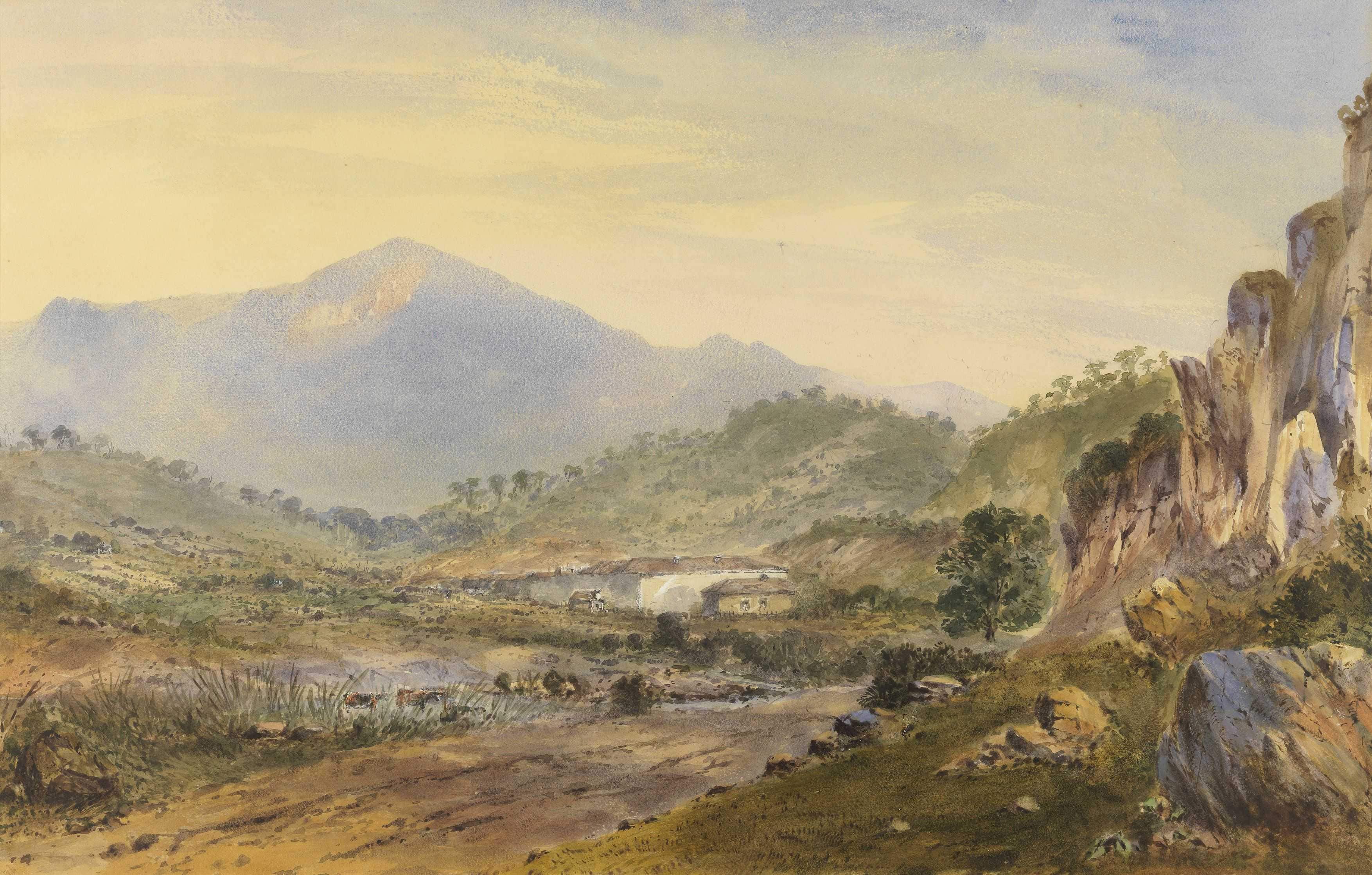 A painting of a road with a house in the distance and mountains in the background.