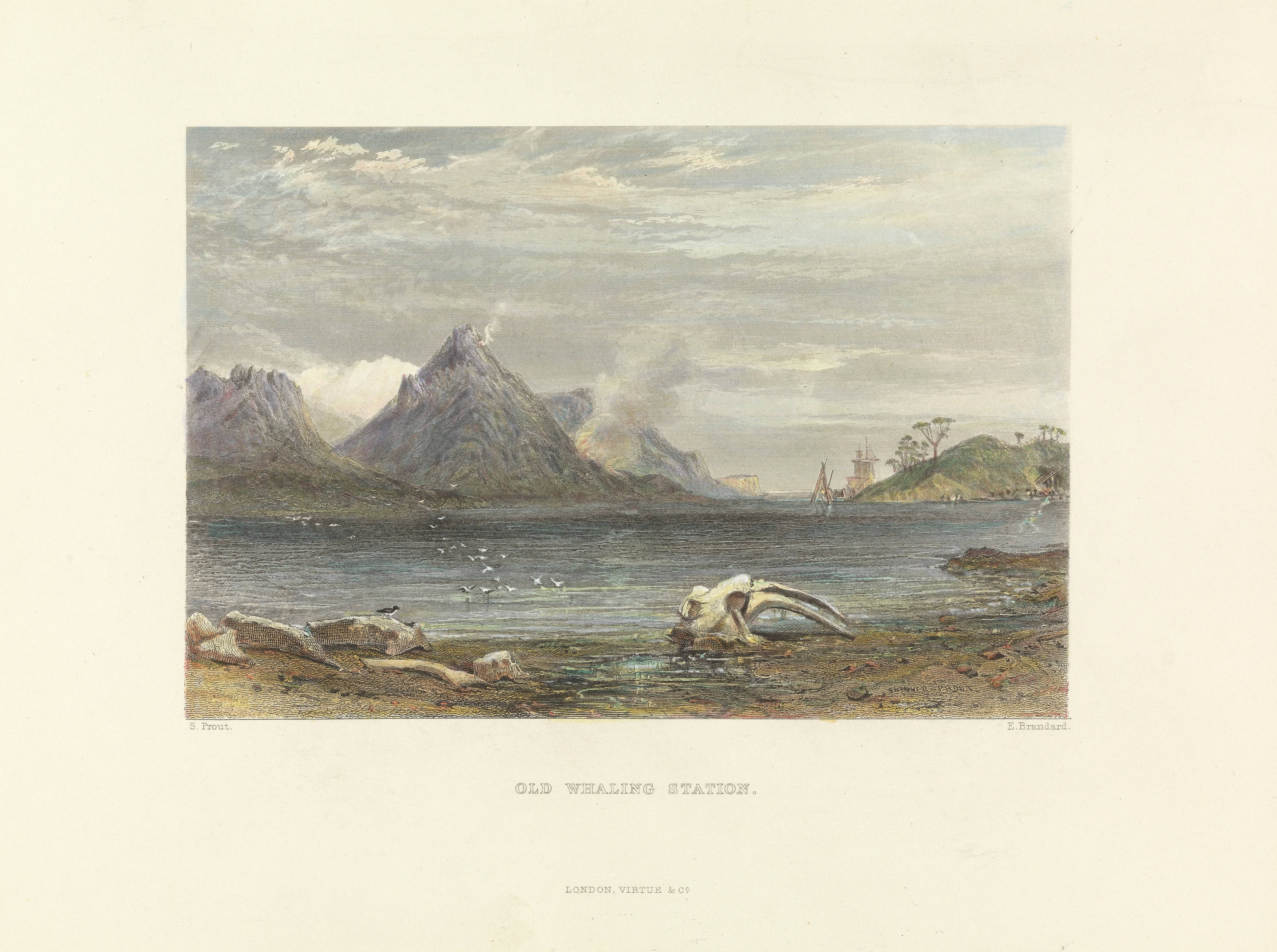 A painting titled "old waling station". The shorline of a bay with a whale skull on the shore, mountains in the distance.