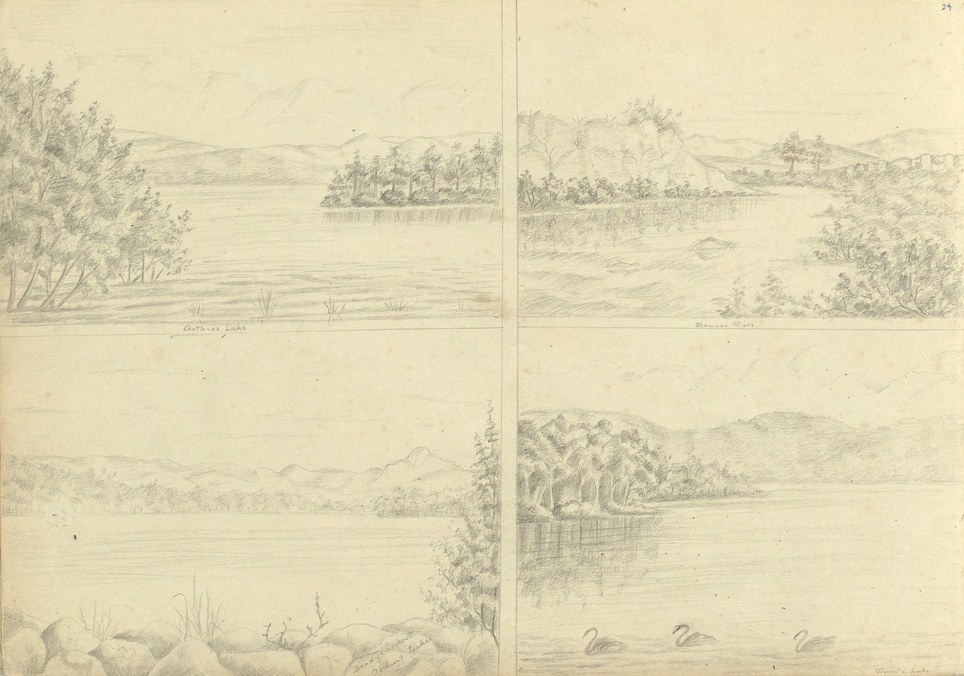 A page from a sketch book.
Four pencil sketches of different lakes and their foreshores. The artist has labelled the location of each lake.