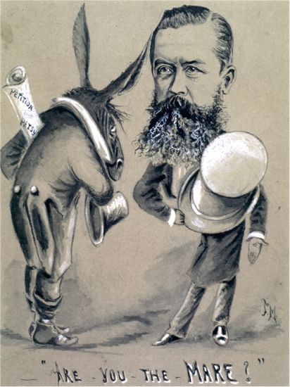 A man bowing, holding a top hat towards a man with a horse's head. Text at the bottom reads "Are you the mare?"