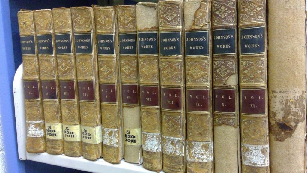A line of old books on a shelf