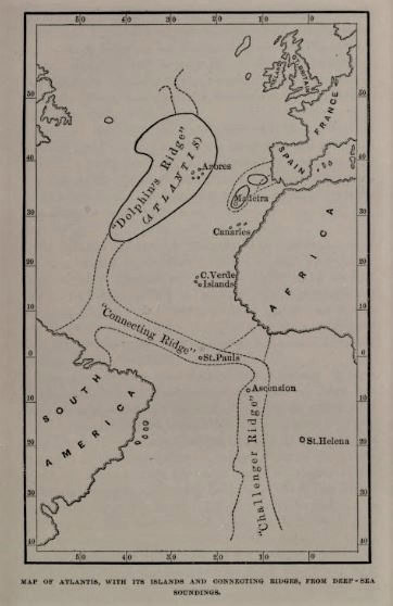 A map. Text at the bottom reads "Map of atlantis with its islands and connecting ridges, from deep-sea surroundings.