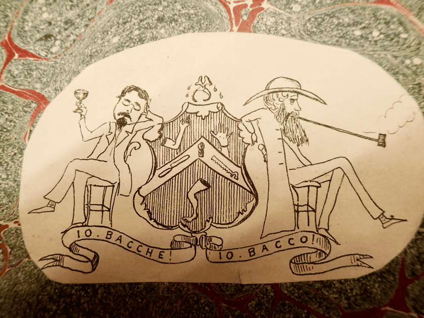 A hand drawn coat of arms cartoon. It depicts dismembered limbs and cutting tools. to the lef, a man drinks out of a goblet, and to the right a man smokes a long pipe. the bottom has text that reads: 10 bacche! 10 bacco!
