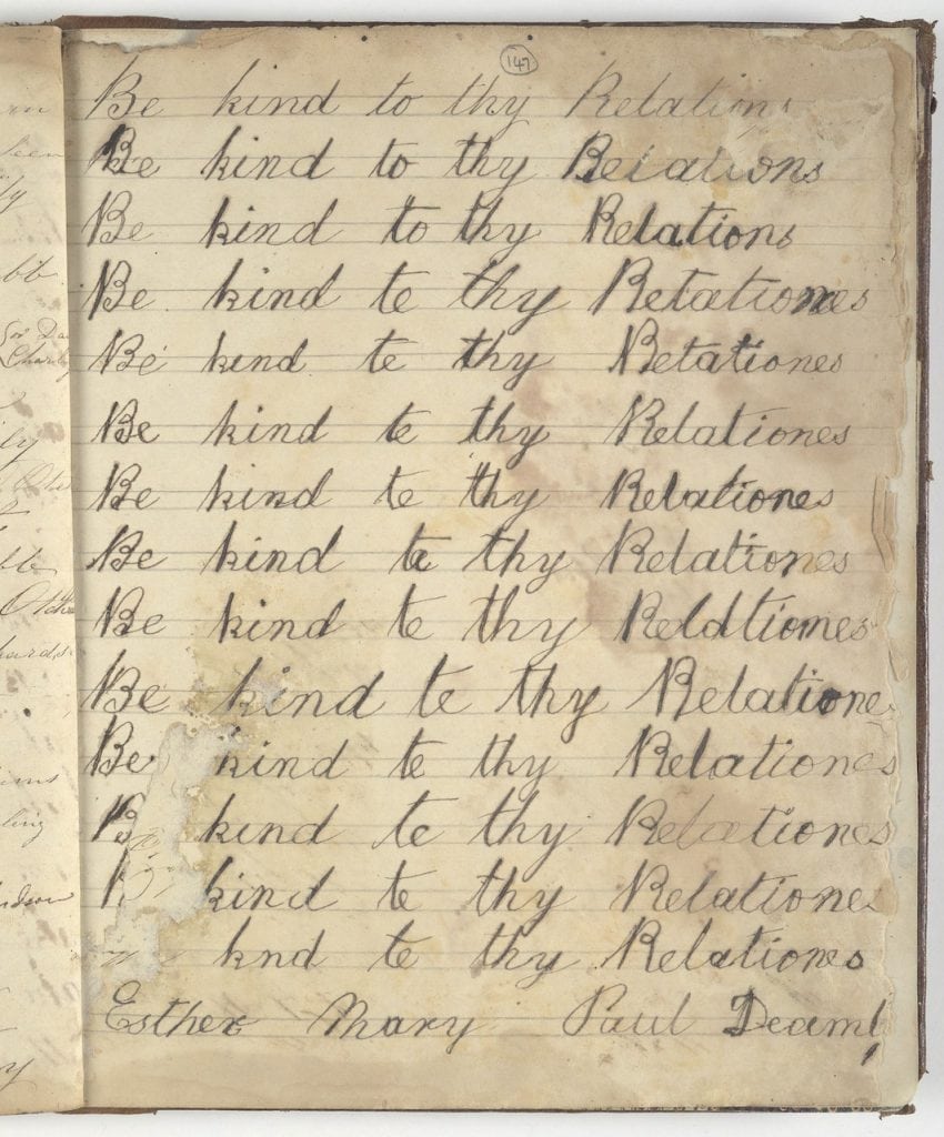 Cursive text on an old page. It reads: "Be kind to thy relations". repeated 14 times. Text at the bottom of the page reads: "Esther Mary Paul Decemb"