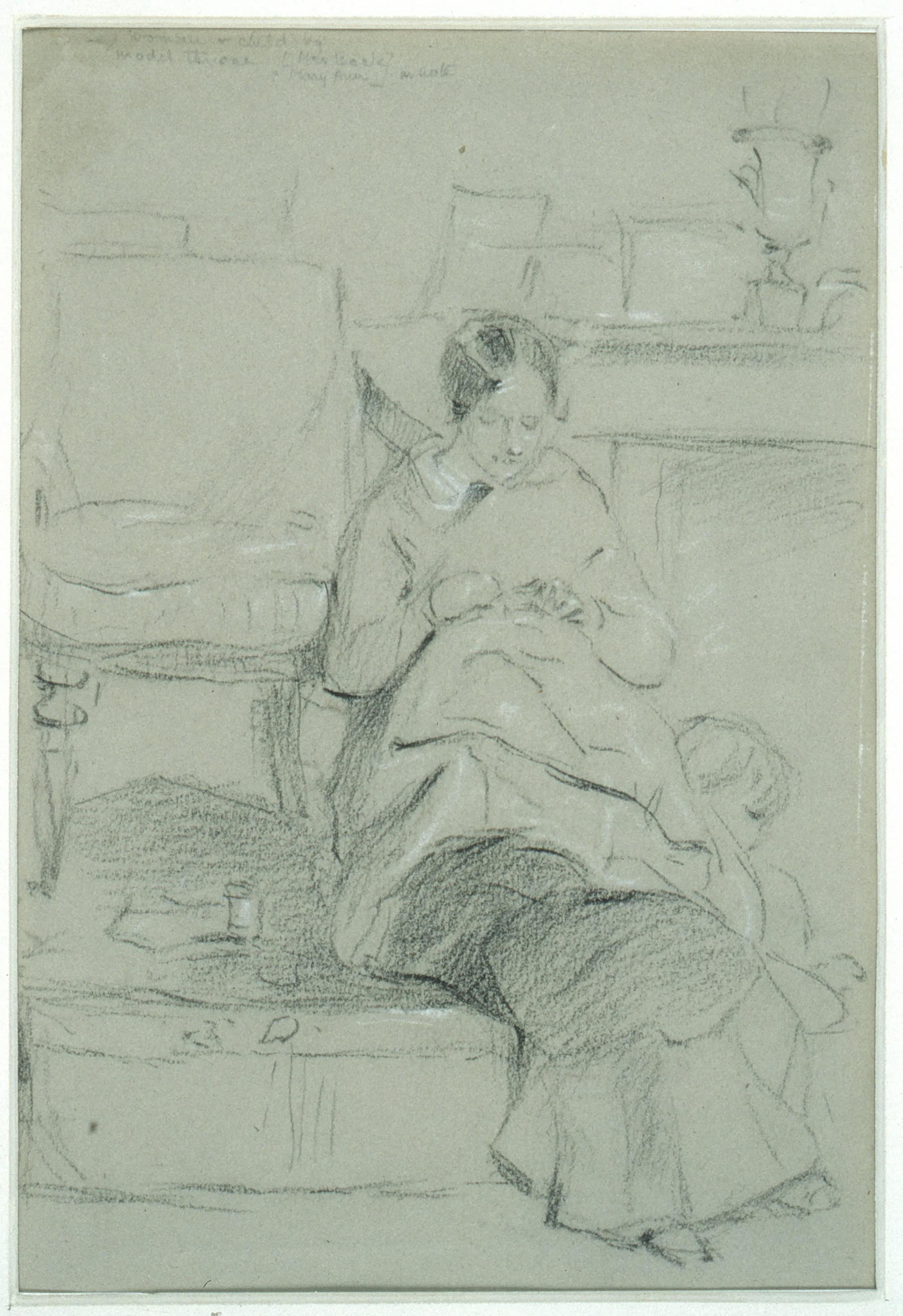 An interior drawing of a woman sewing and a child on her right