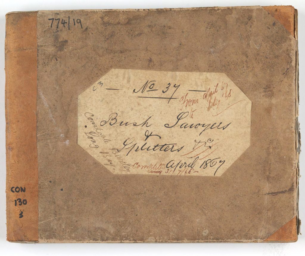 The cover of an old leather Convict credit and gratuity book. The title reads "Bush Sawyers and Splitters"