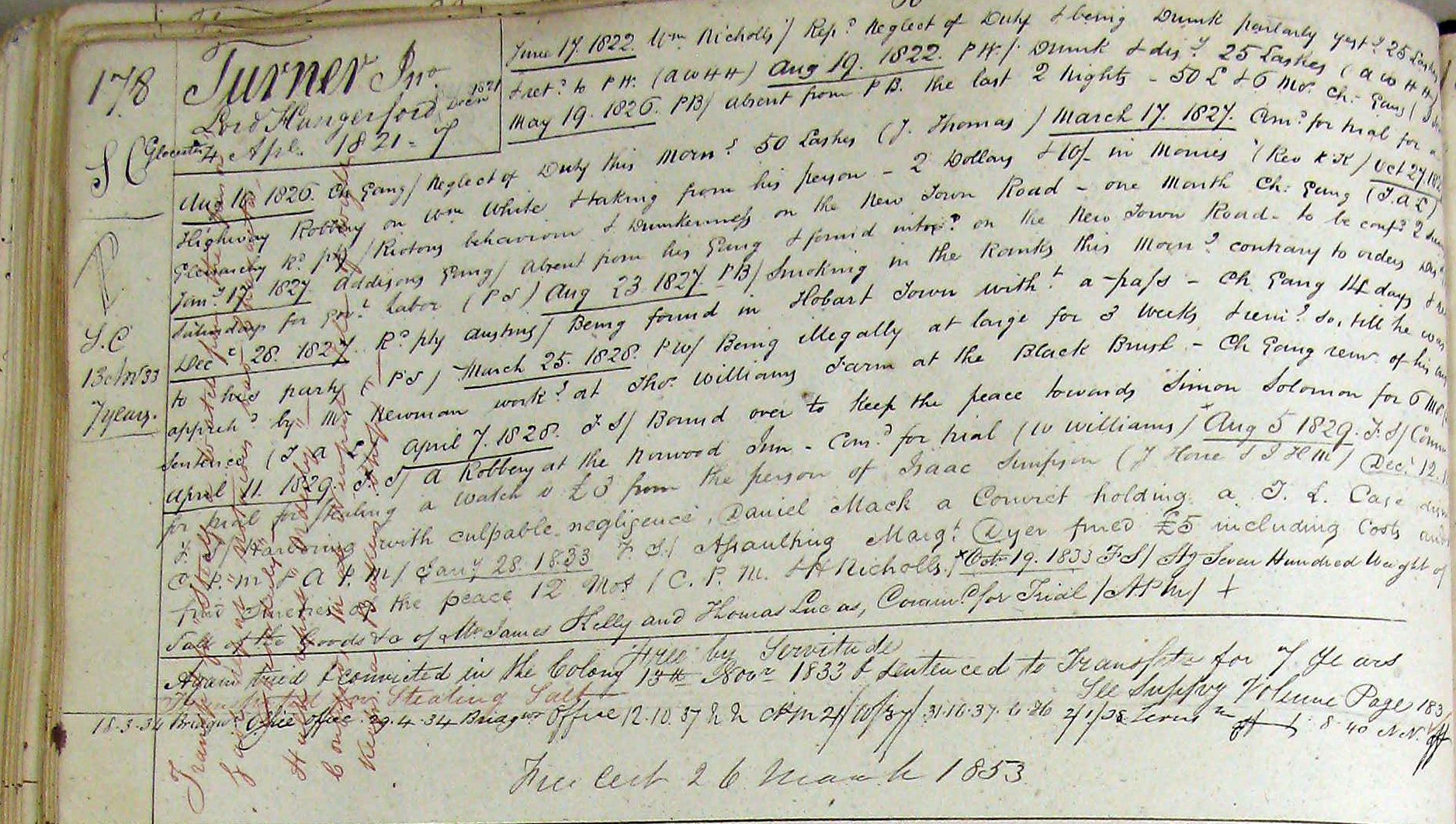 An old page from a book containing a convicts record. Text illegible.